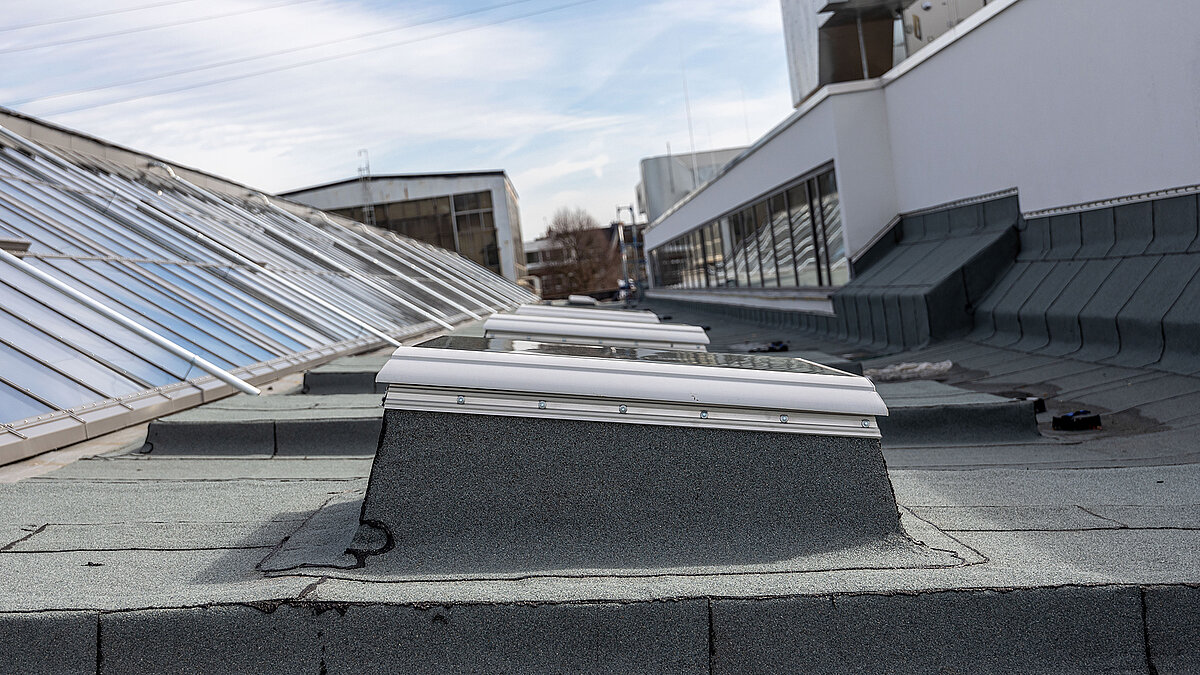 Skylights and glass roof of the Factory Campus in Düsseldorf featuring modern architecture.