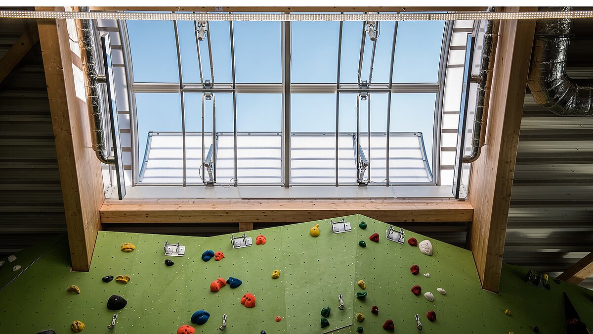 View of light strips in the OWL climbing centre, including a green climbing wall with colourful climbing holds.