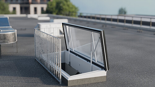 LAMILUX Flat Roof Access Hatch Service FE with railing and open glass window on rooftop