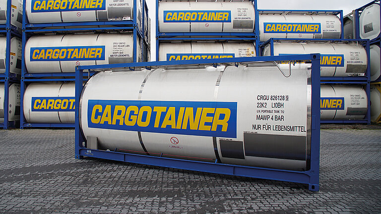 White ISO tank container labeled "CARGOTAINER" with GRP tank cladding