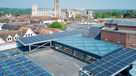 LAMILUX PR60 glass roof on the Canterbury City Council building, surrounded by solar panels.