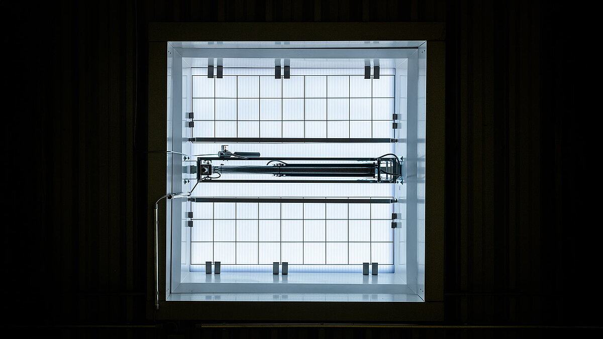 Interior view of an F100 W rooflight in the R-Pharm building in Illertissen, with technical opening mechanism.