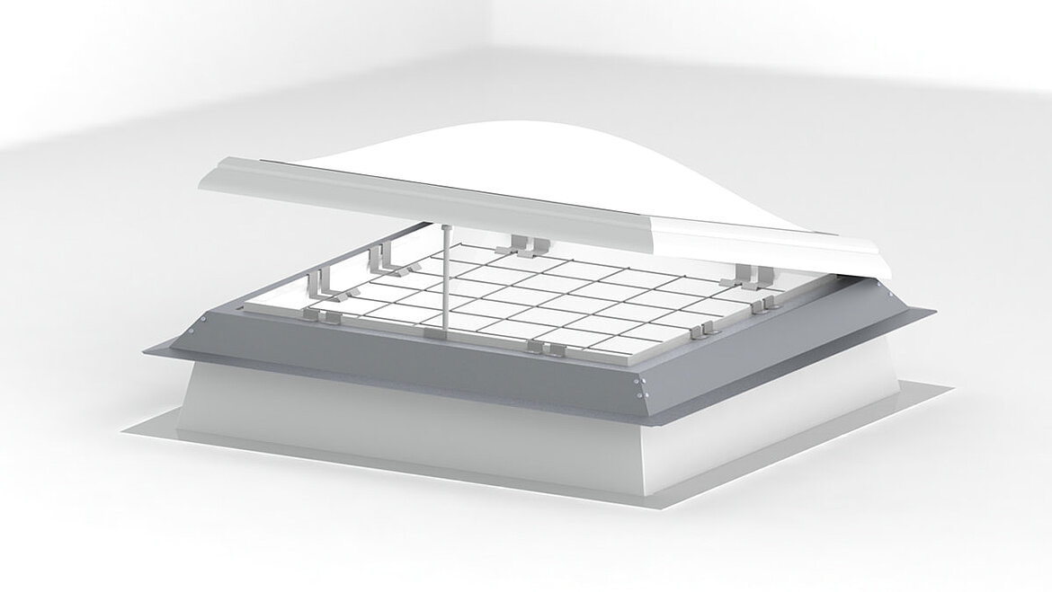 Retrofittable fall-through protection grid Opened LAMILUX skylight dome with retrofittable fall-through protection grid