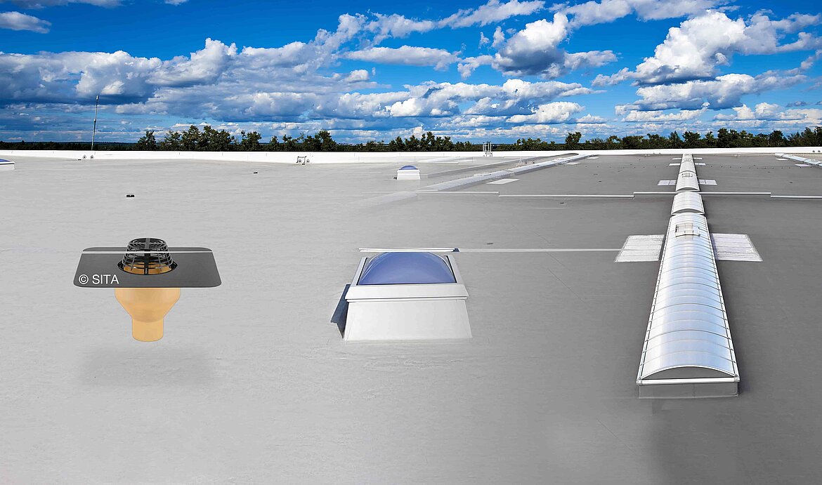 Small, large and medium roof penetrations on the flat roof  Drain, skylight dome and continuous rooflight on flat roof | insights by LAMILUX