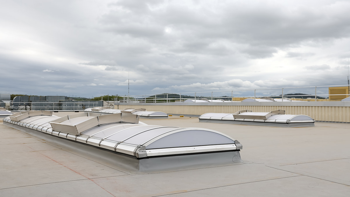 Flat roof with multiple new roof skylights and a gray sky in the background.